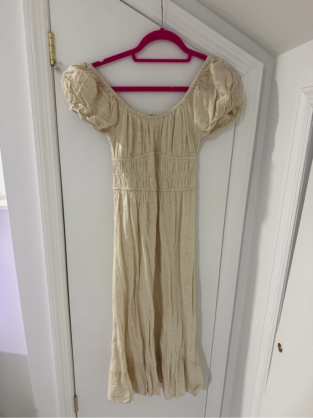 Beige Puff-Sleeve Smocked Midi Dress